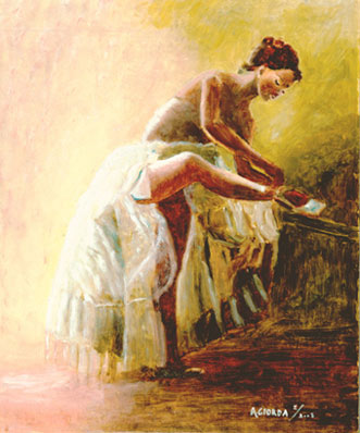 Ballerina che si lega la scarpina - olio