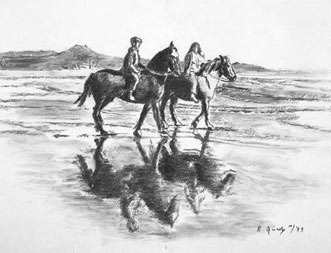 Cavalli sulla spiaggia - carboncino